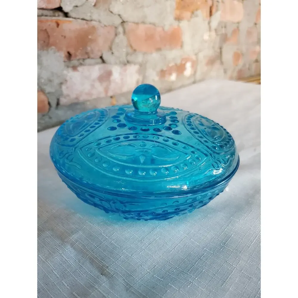 Vintage Teal Blue Glass Lidded Candy Dish Trinket Box Ornate Pressed Hobnail